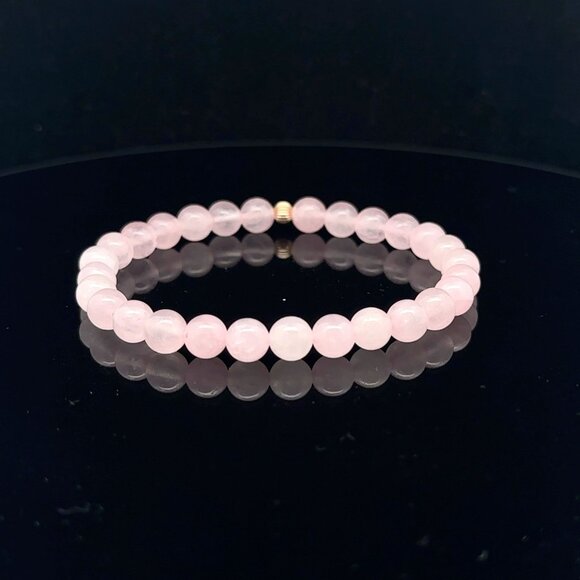 Gemstones Rose Quartz 6mm Stretchable Bracelet 14k Gold Corrugated Bead Charm - Picture 4 of 6